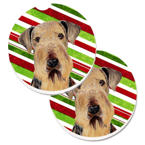 Carolines Treasures Airedale Candy Cane Holiday Christmas Set of 2 Cup Holder Car Coaster SC9333CARC - main